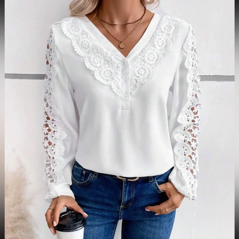 Luxe lace detail V neck blouse